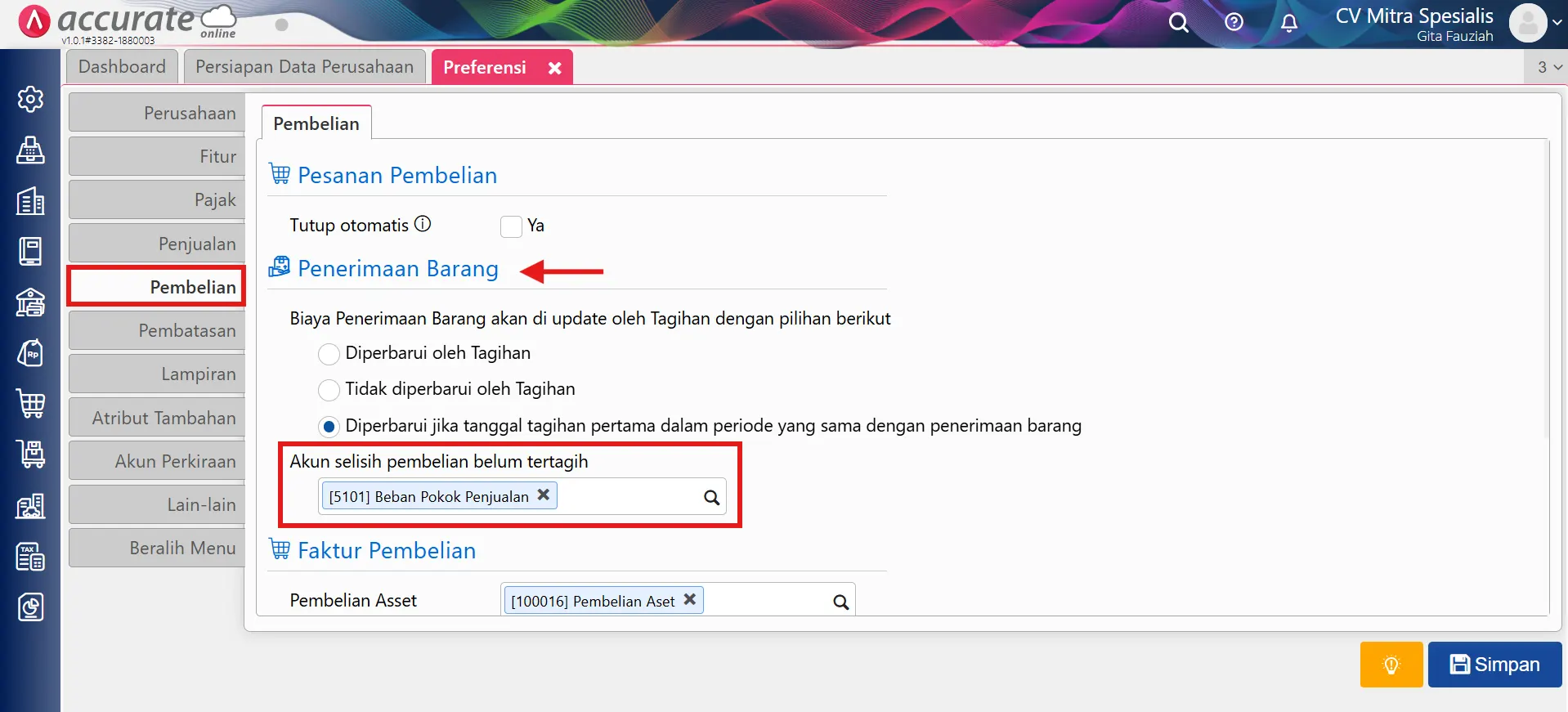 Mengatasi pesan error default akun selisih pembelian belum tertagih belum didefinisikan